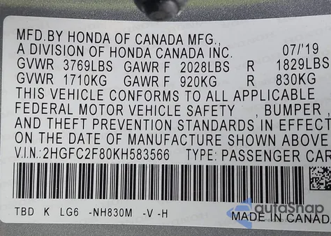 2019 Honda Civic Sport z USA, uszkodzony, nr VIN 2HGFC2F80KH583566